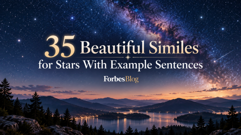 Beautiful star-filled night sky over mountains and a peaceful lake, featuring 35 beautiful similes for stars with example sentences.