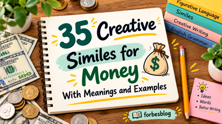 35 creative similes for money with meanings and examples, featuring dollar bills, coins, a notebook, and English grammar books.