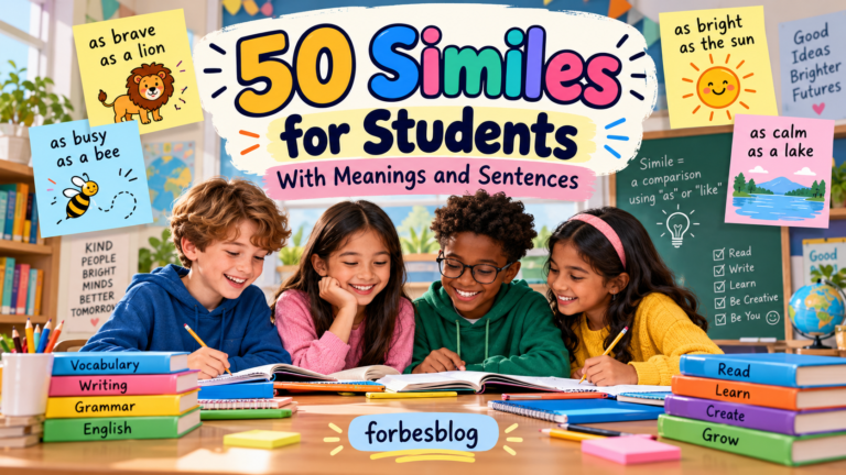 Students studying English grammar together in a classroom, featuring 50 similes for students with meanings, examples, and sentences.