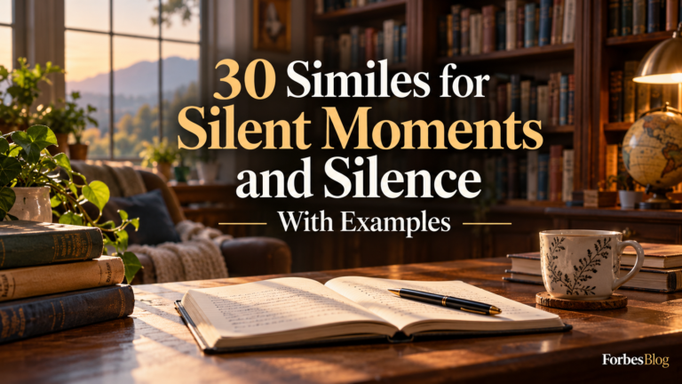 30 Similes for Silent Moments and Silence With Examples – peaceful library setting with books, an open notebook, and warm lighting, illustrating quietness and creative writing.