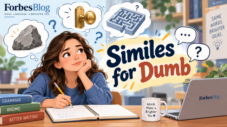 Similes for dumb illustration showing a thoughtful student with a rock, doorknob, and maze representing funny English similes and meanings.